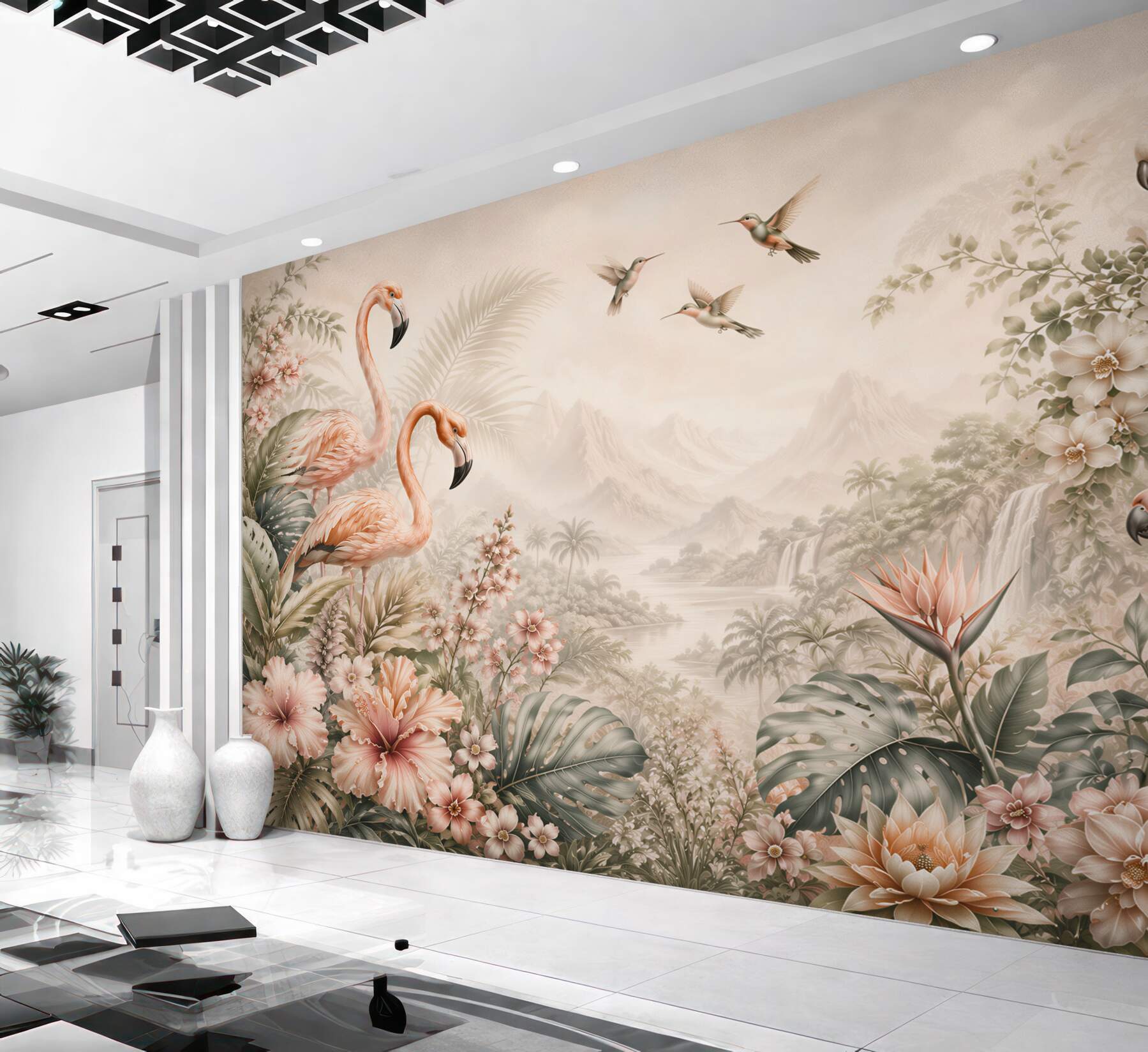 Fotobehang tropische flamingo's en papegaaien