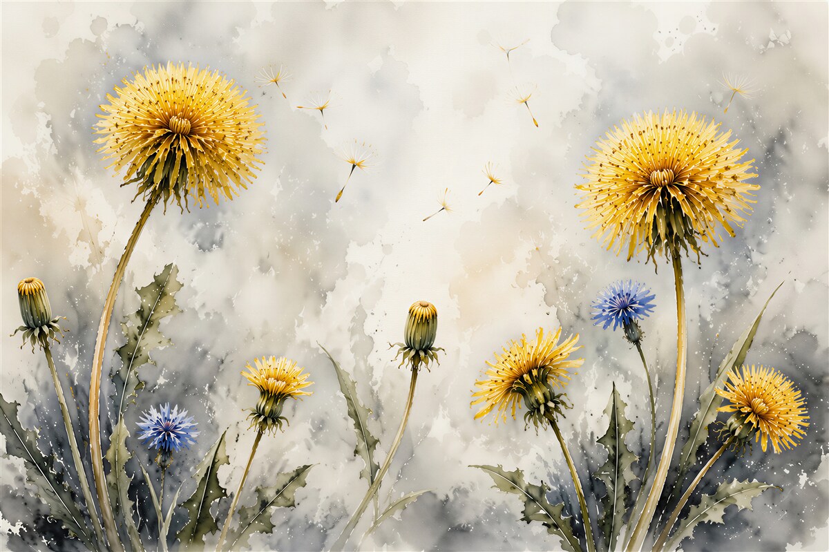 Fotobehang paardenbloemen op aquarel