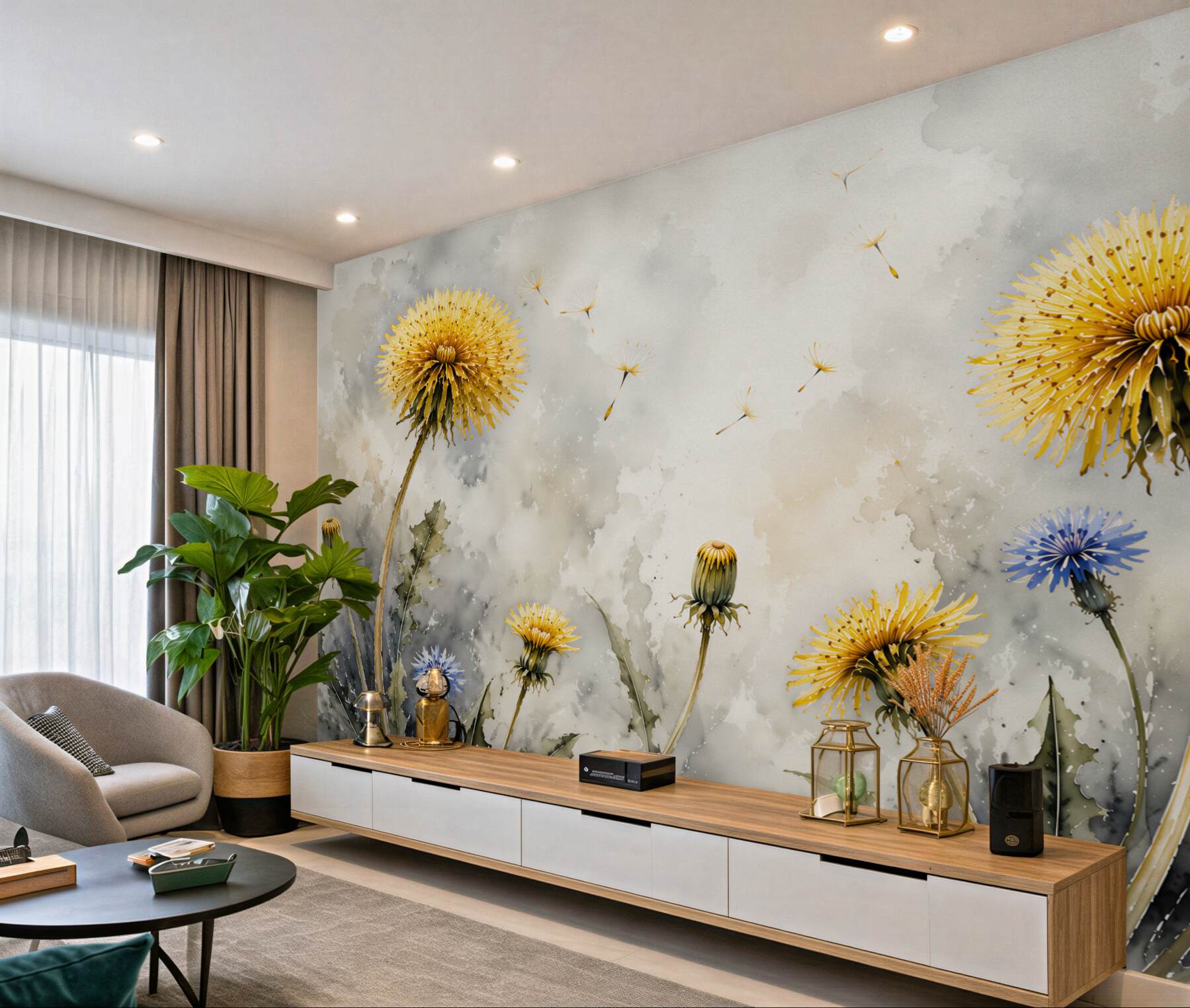 Fotobehang paardenbloemen op aquarel