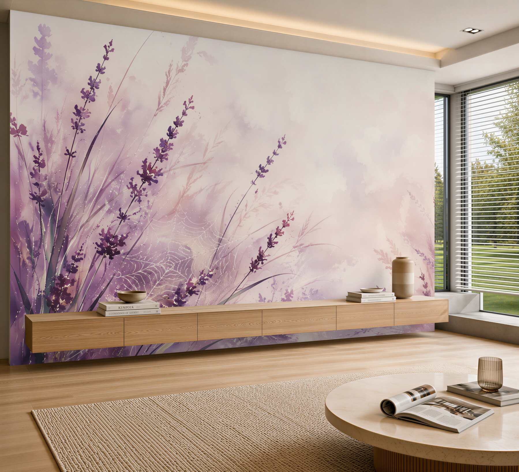 Fotobehang lavendel met spinnenweb