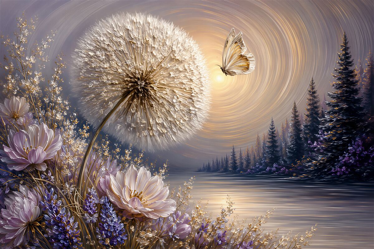 Fotobehang paardenbloem met een vlinder