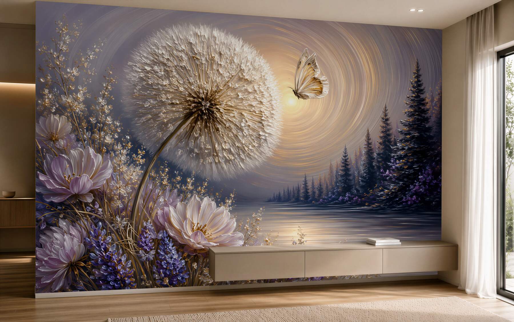 Fotobehang paardenbloem met een vlinder