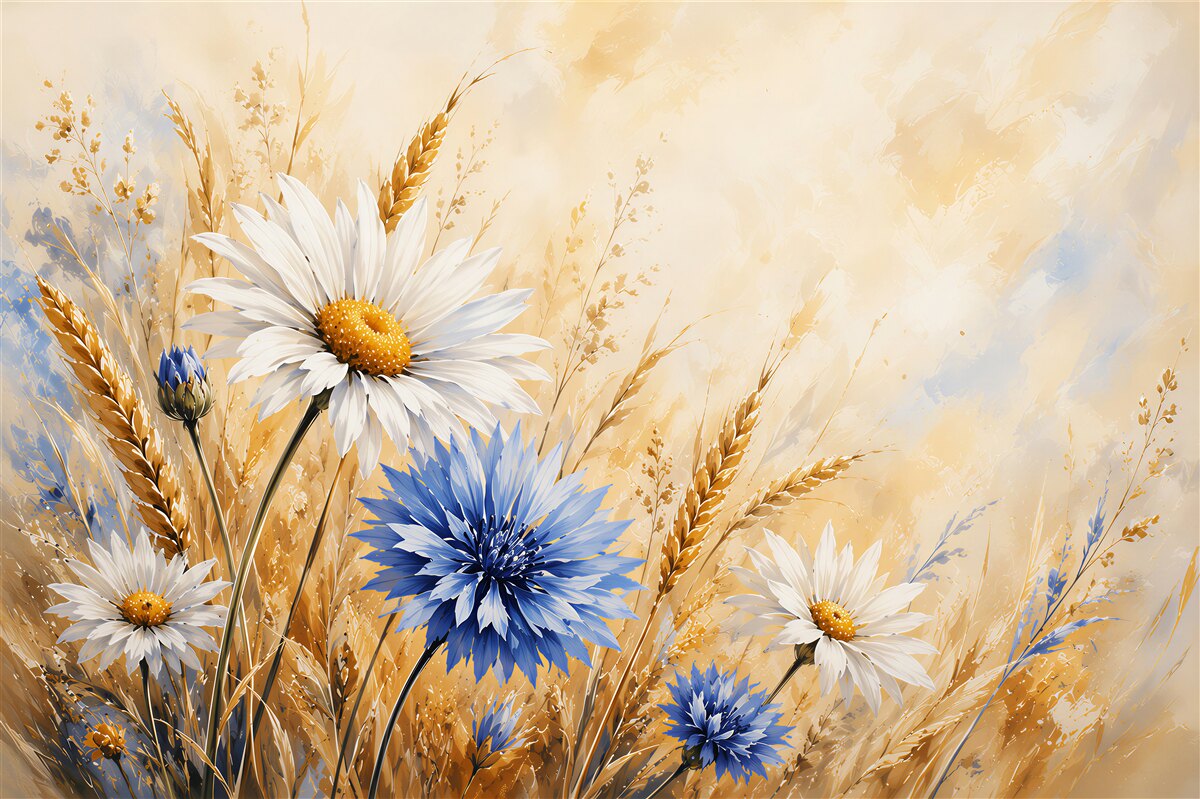 Fotobehang wit-blauwe madeliefjes en aren