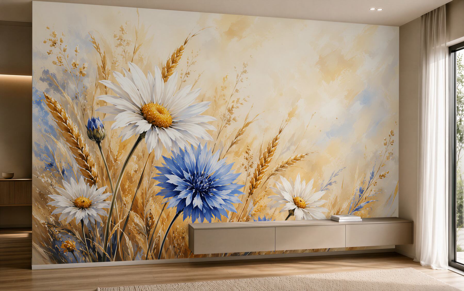 Fotobehang wit-blauwe madeliefjes en aren