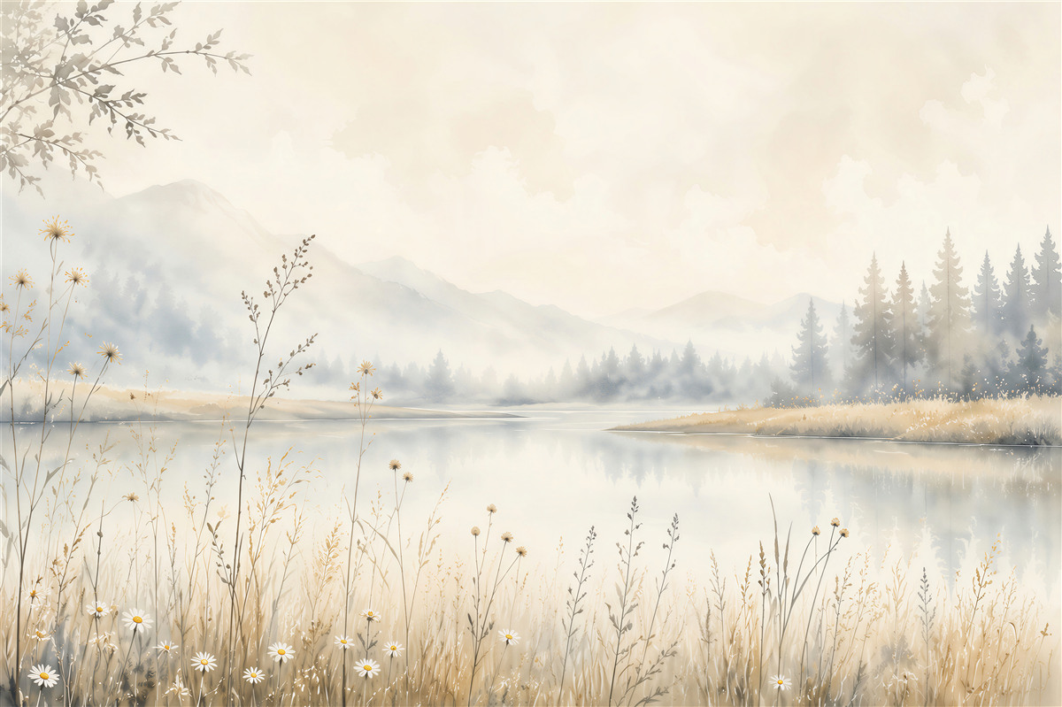 Fotobehang mistig landschap met meer