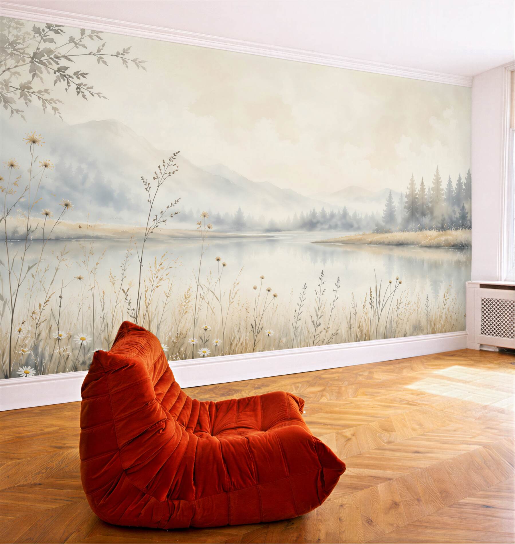 Fotobehang mistig landschap met meer