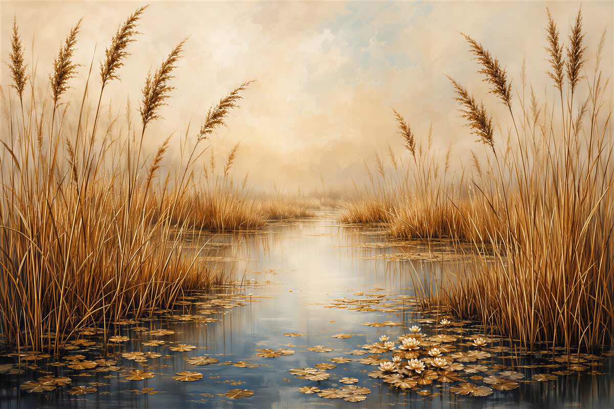 Fotobehang gouden riet aan het water
