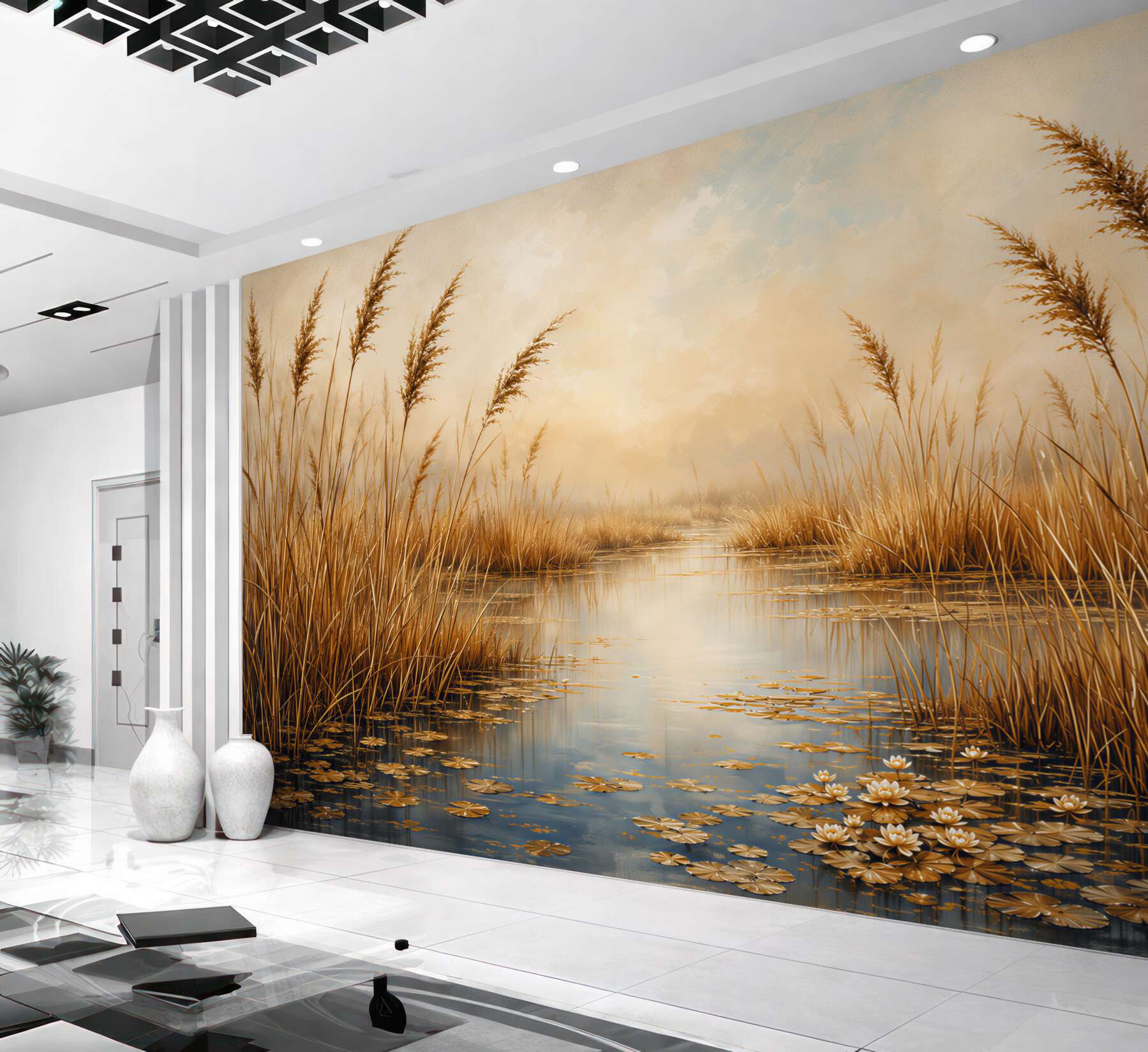 Fotobehang gouden riet aan het water