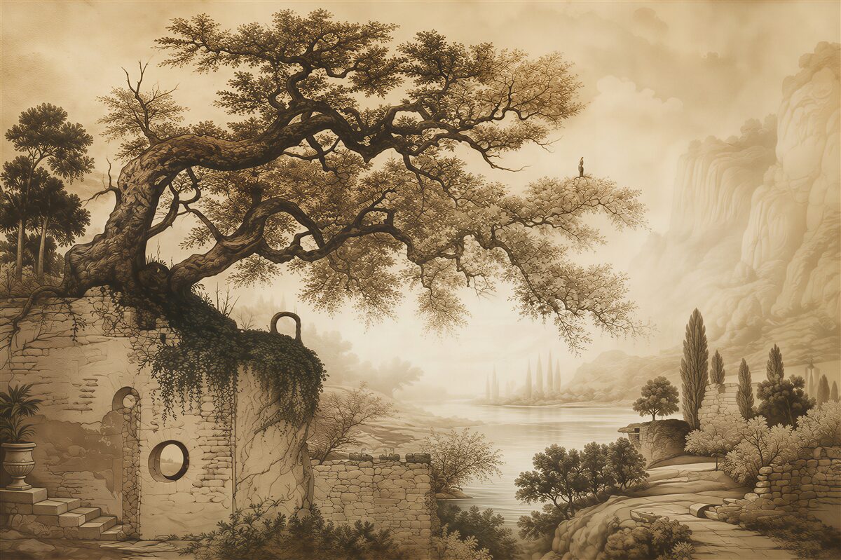 Fotobehang landschap met een boom en ruïnes