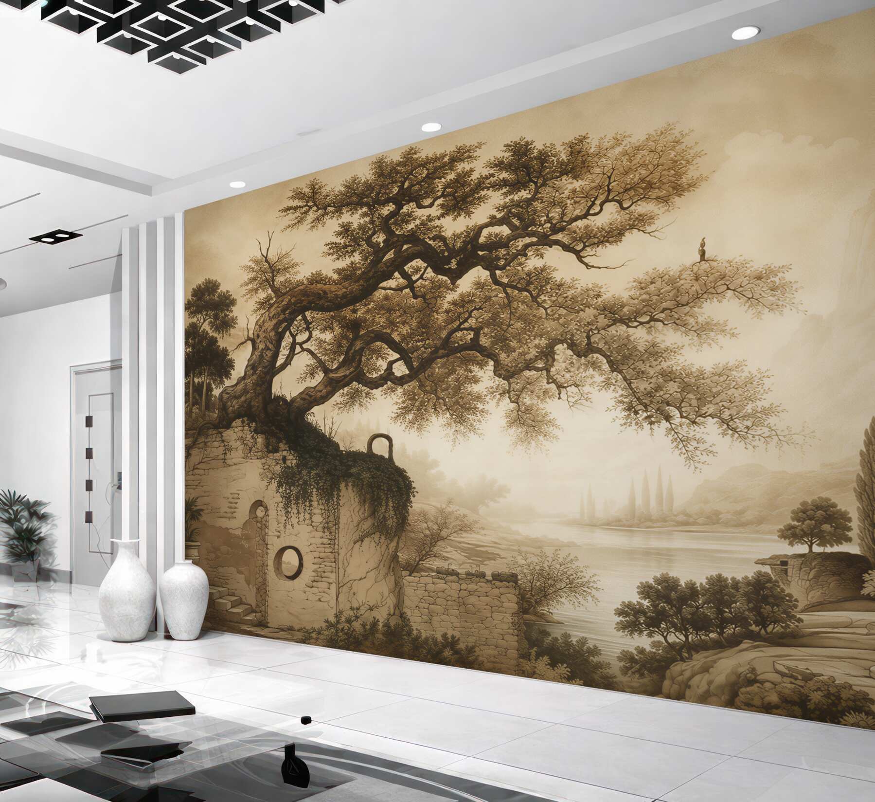 Fotobehang landschap met een boom en ruïnes