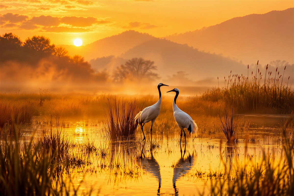 Fotobehang kraanvogels bij gouden zonsondergang