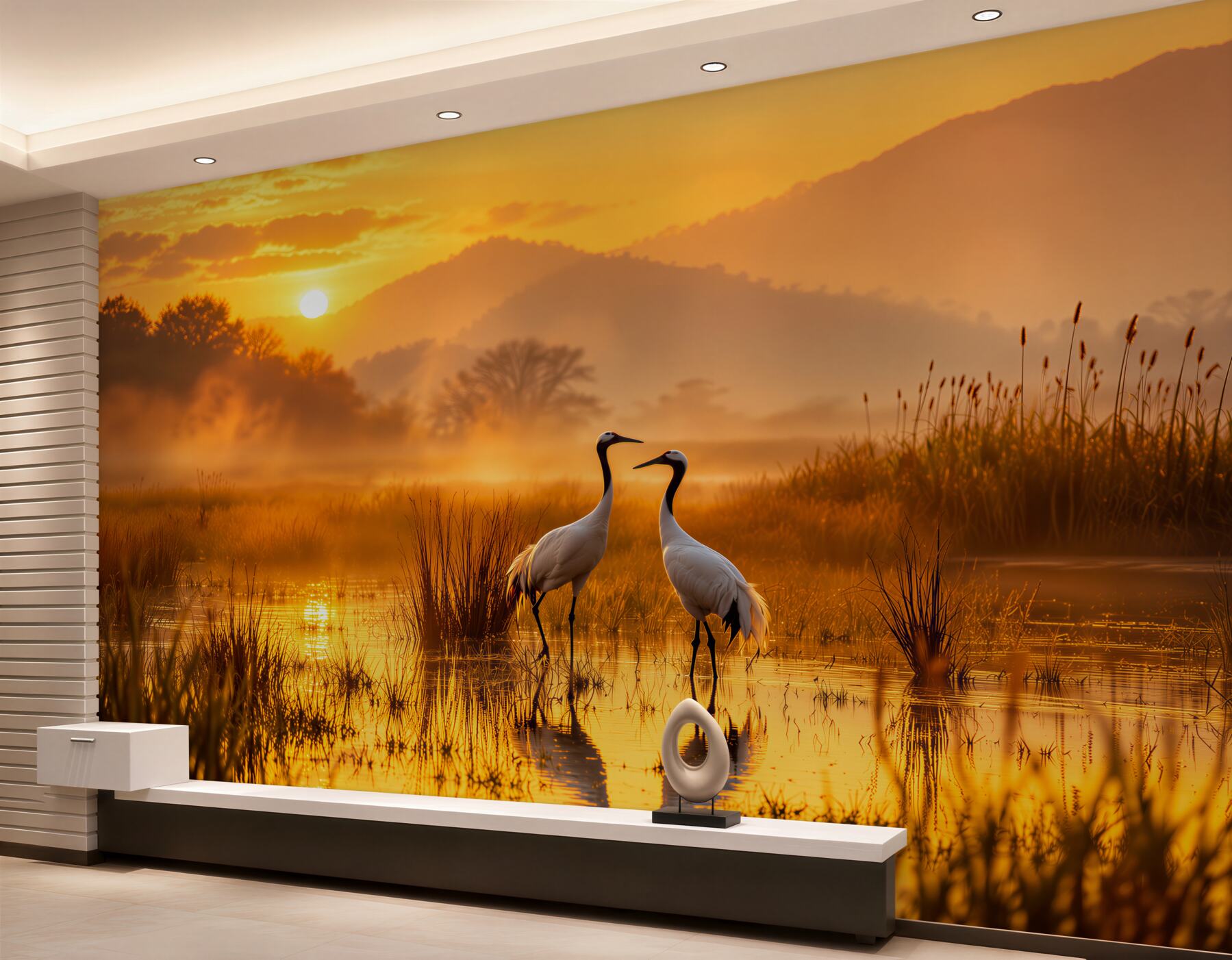 Fotobehang kraanvogels bij gouden zonsondergang