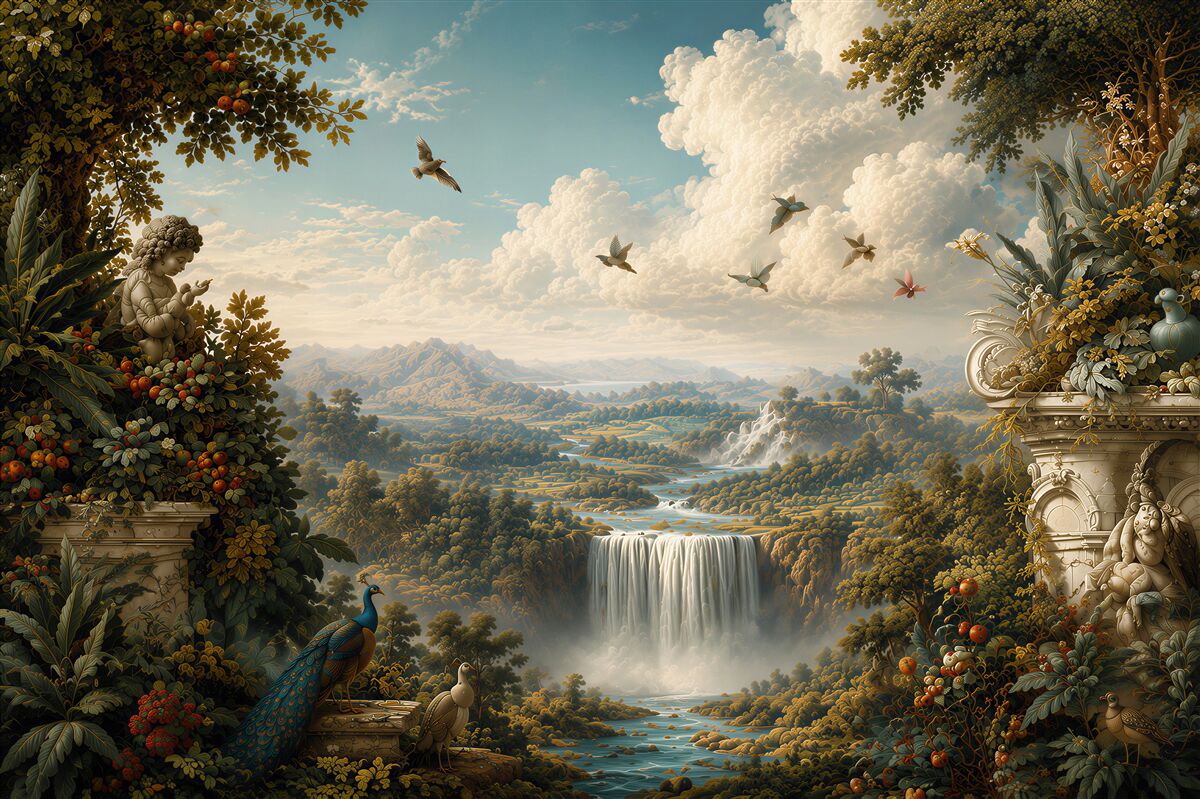 Fotobehang waterval en vogels in het landschap