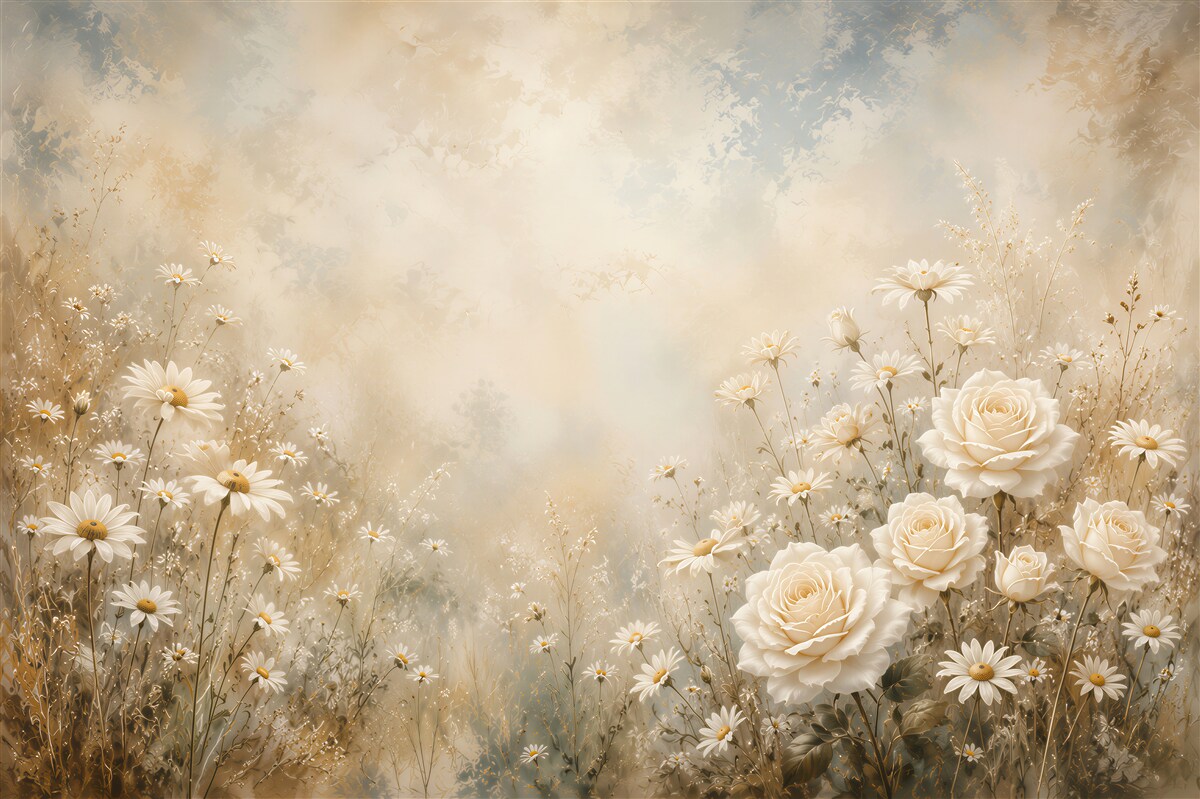 Fotobehang witte rozen met madeliefjes