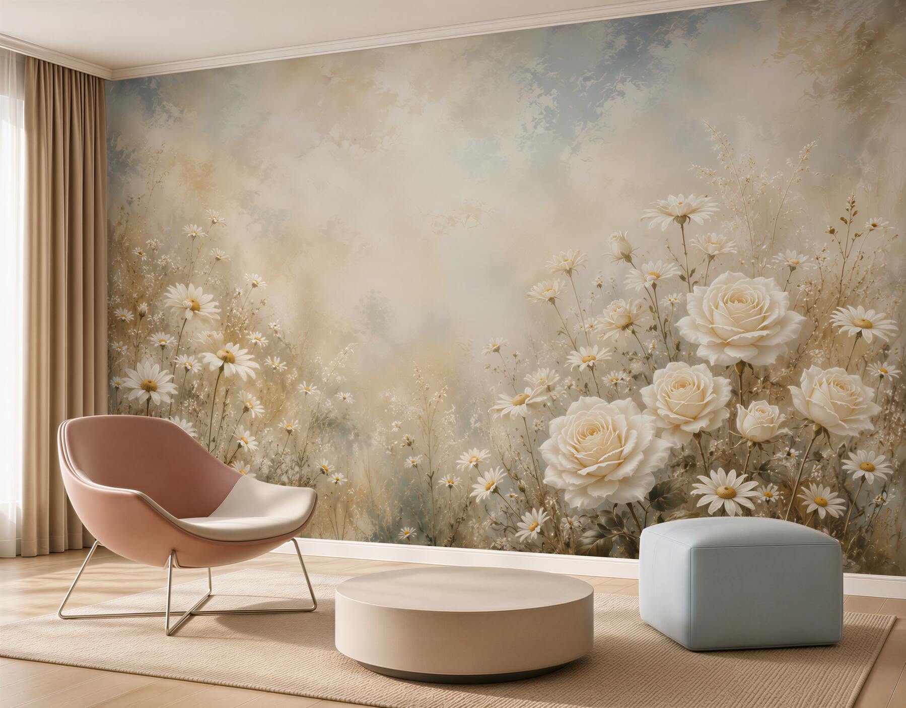 Fotobehang witte rozen met madeliefjes
