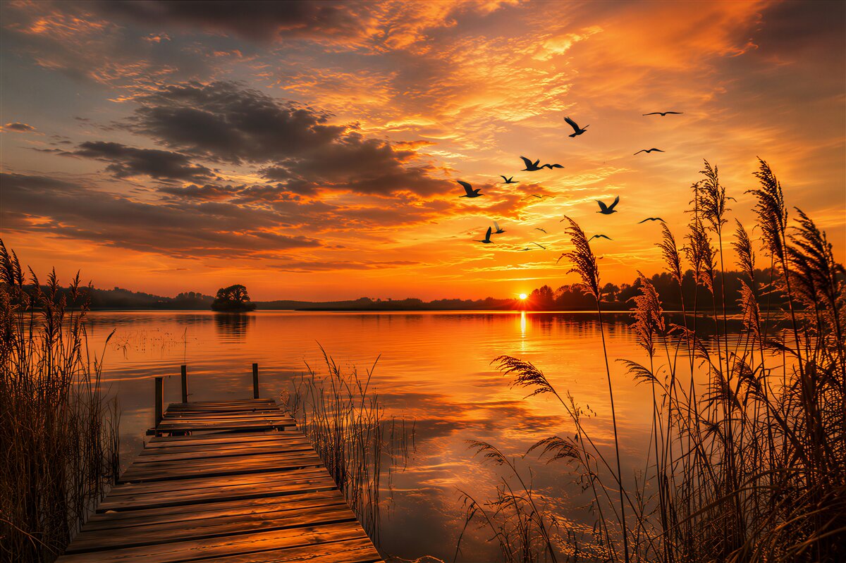 Fotobehang zonsondergang aan het meer