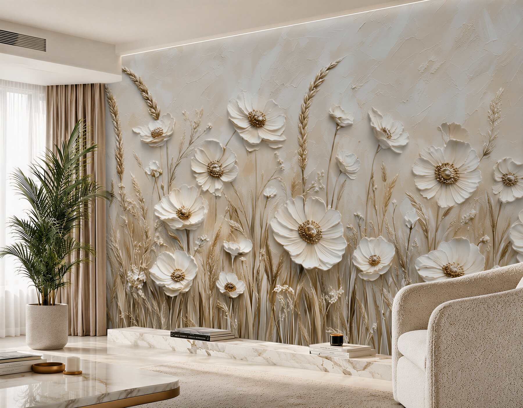 Fotobehang 3D bloemen in beige