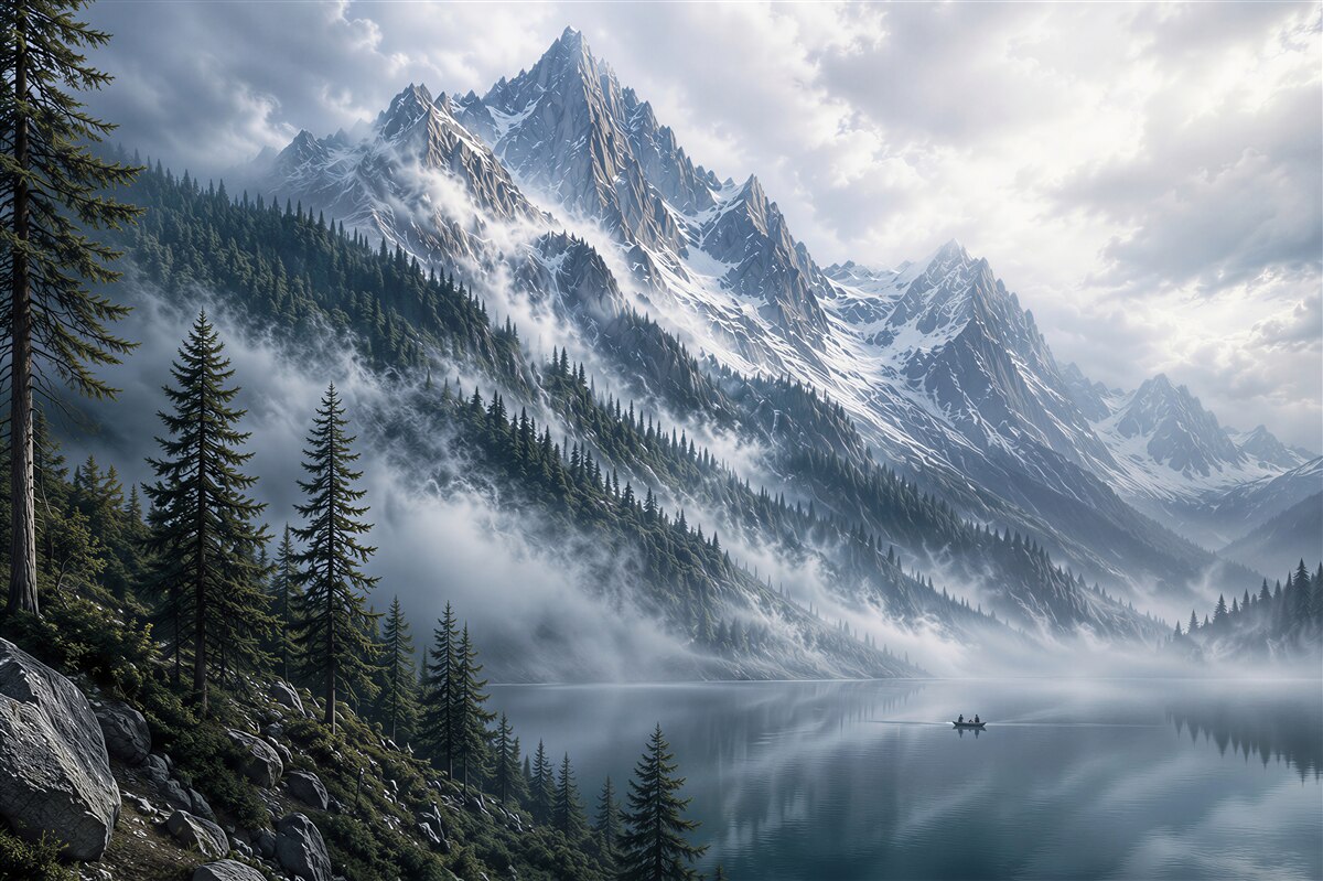 Fotobehang bergmeer in de mist