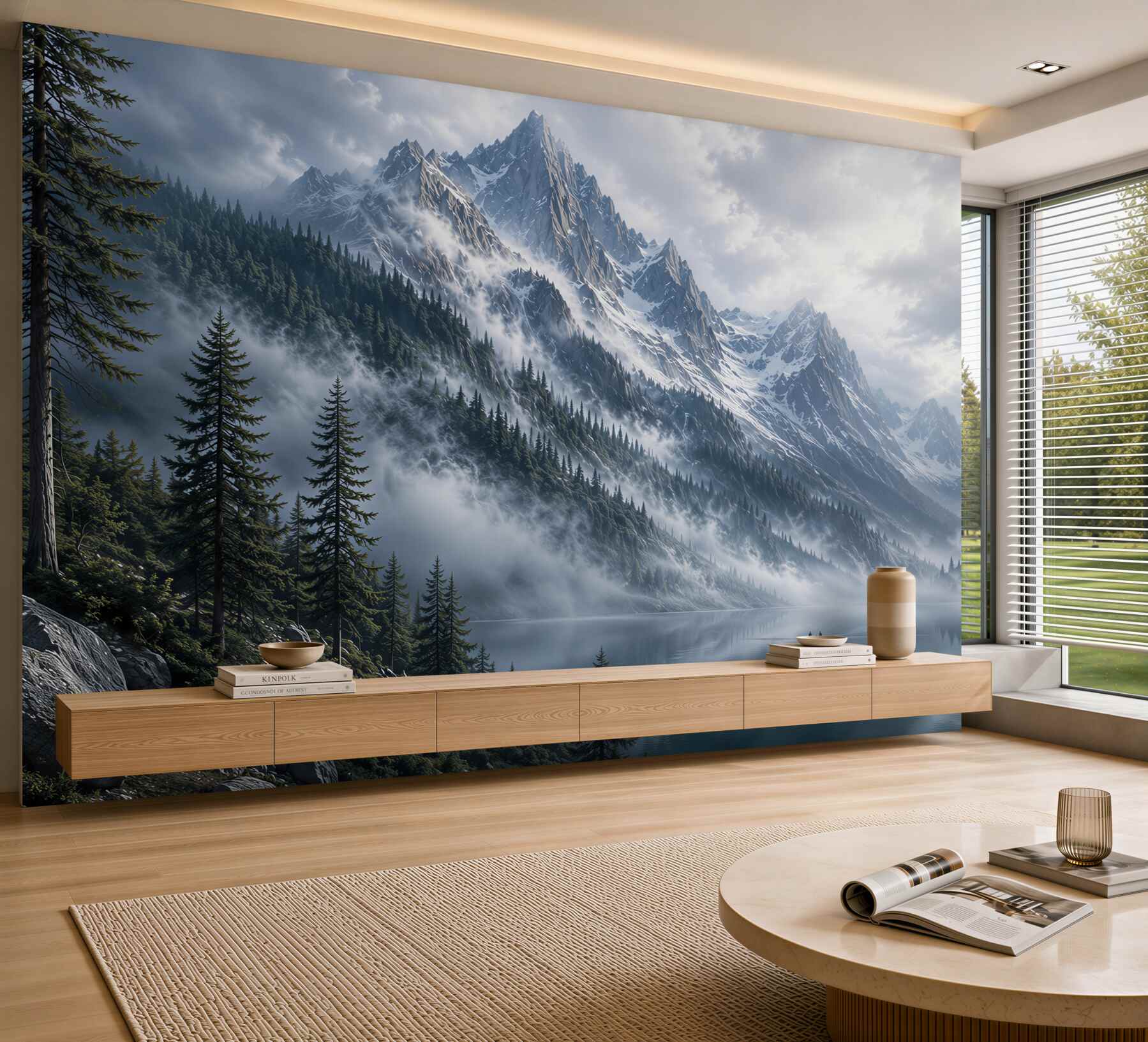 Fotobehang bergmeer in de mist