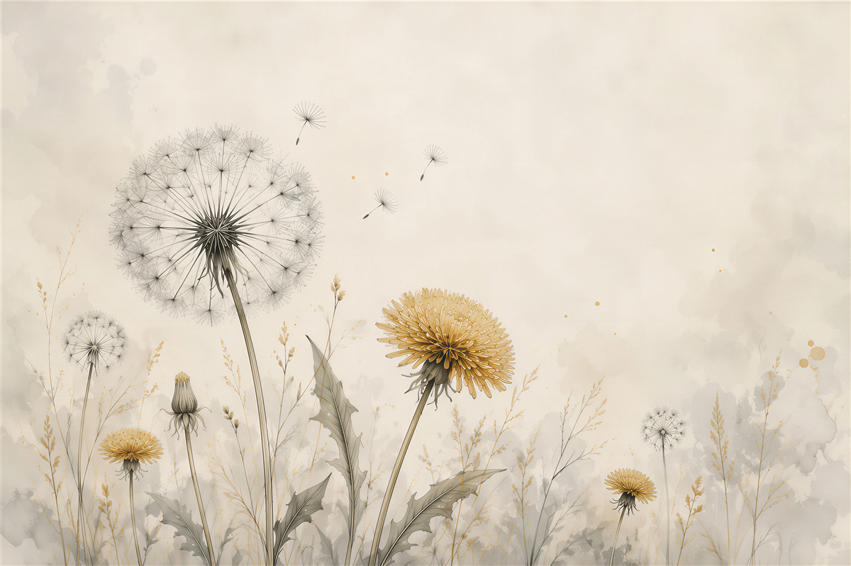 Fotobehang paardenbloemen op aquarel achtergrond