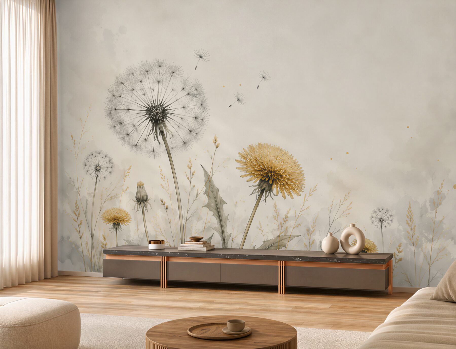 Fotobehang paardenbloemen op aquarel achtergrond