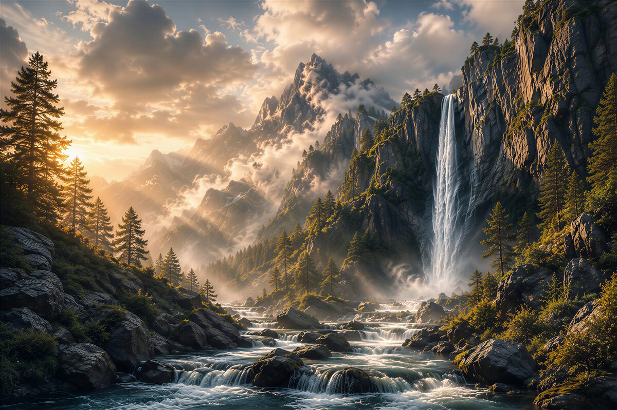 Fotobehang bergwaterval bij zonsondergang