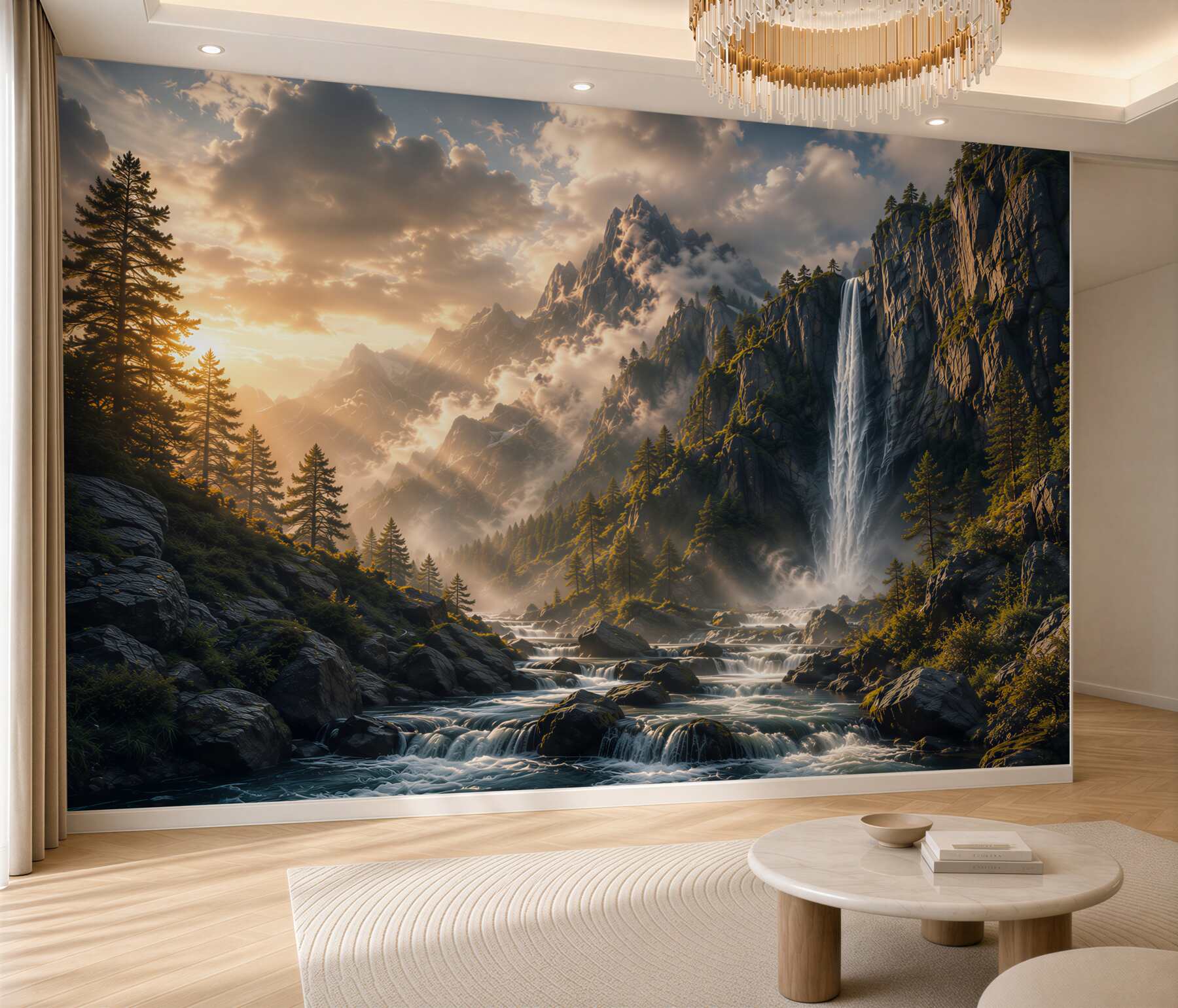 Fotobehang bergwaterval bij zonsondergang