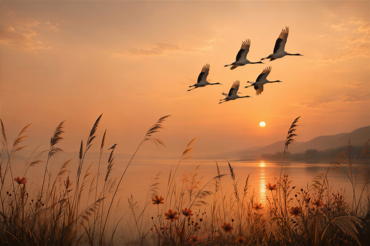 Fotobehang zonsondergang met kraanvogels