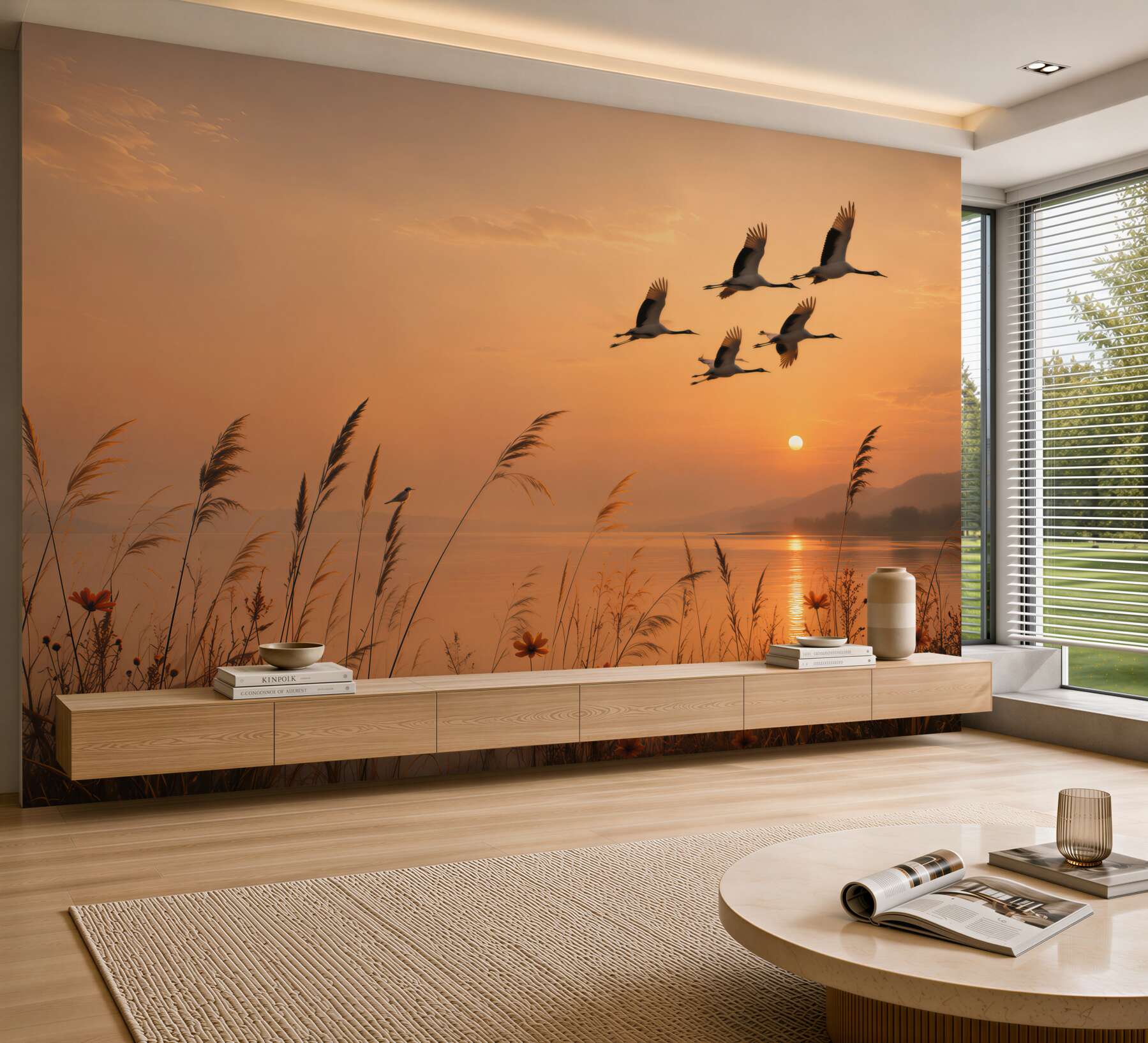 Fotobehang zonsondergang met kraanvogels