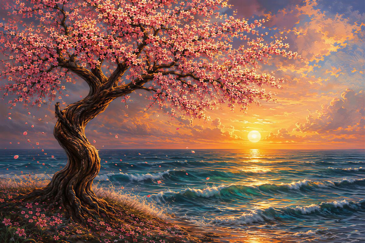 Fotobehang kersenboom aan zee bij zonsondergang