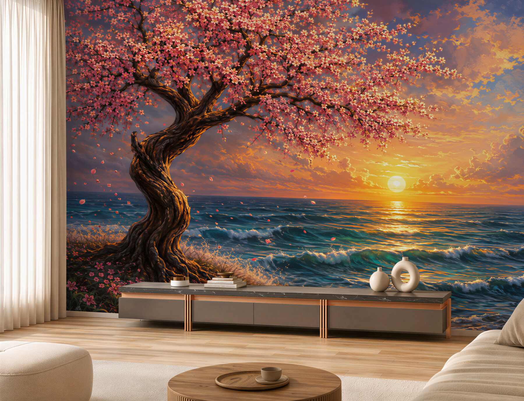 Fotobehang kersenboom aan zee bij zonsondergang