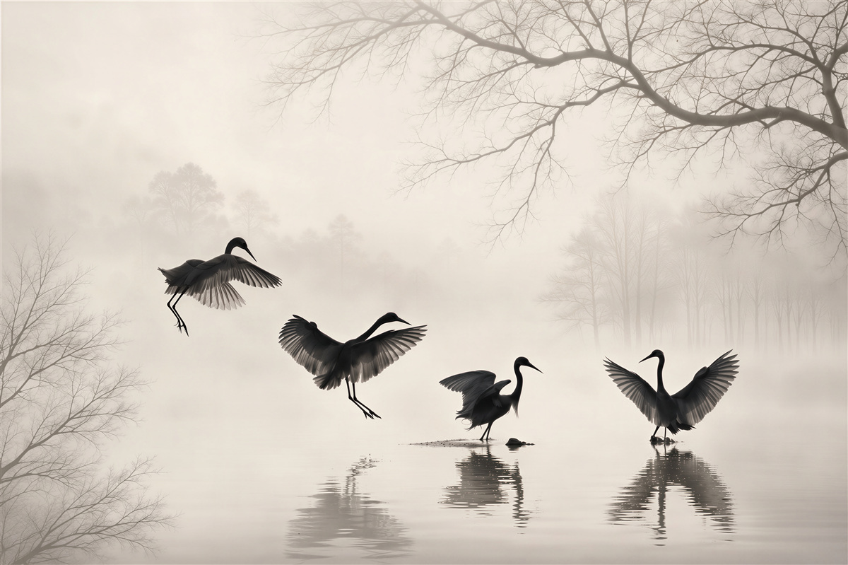 Fotobehang kraanvogels in de mist