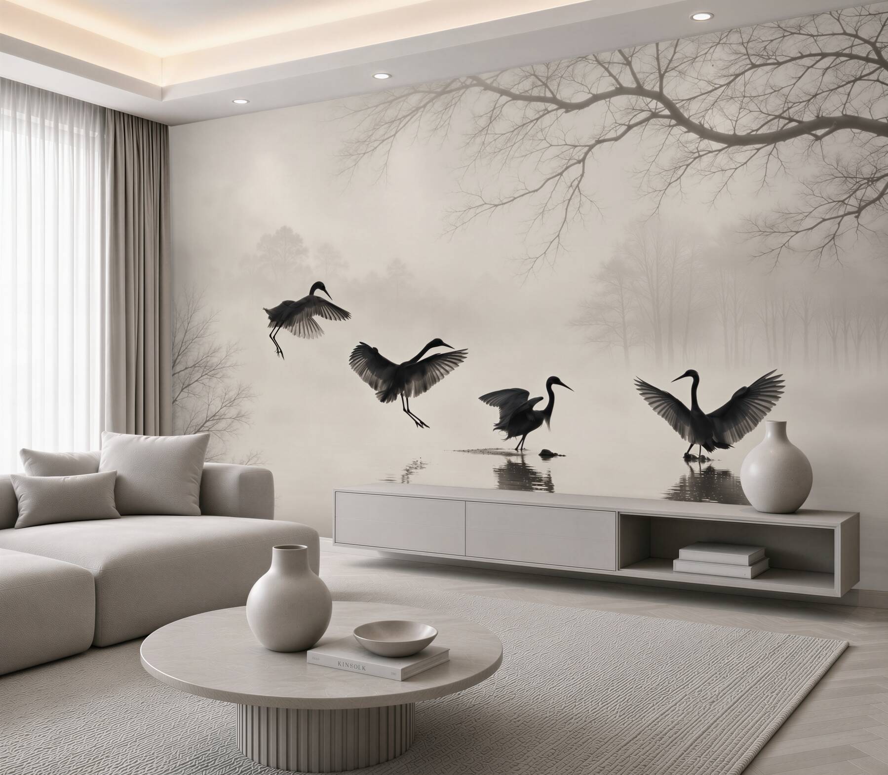 Fotobehang kraanvogels in de mist