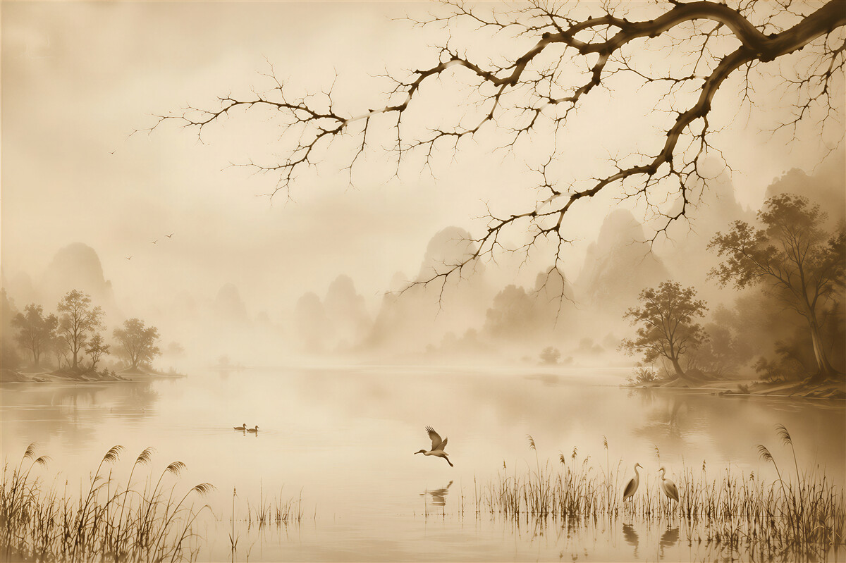 Fotobehang meer in de mist