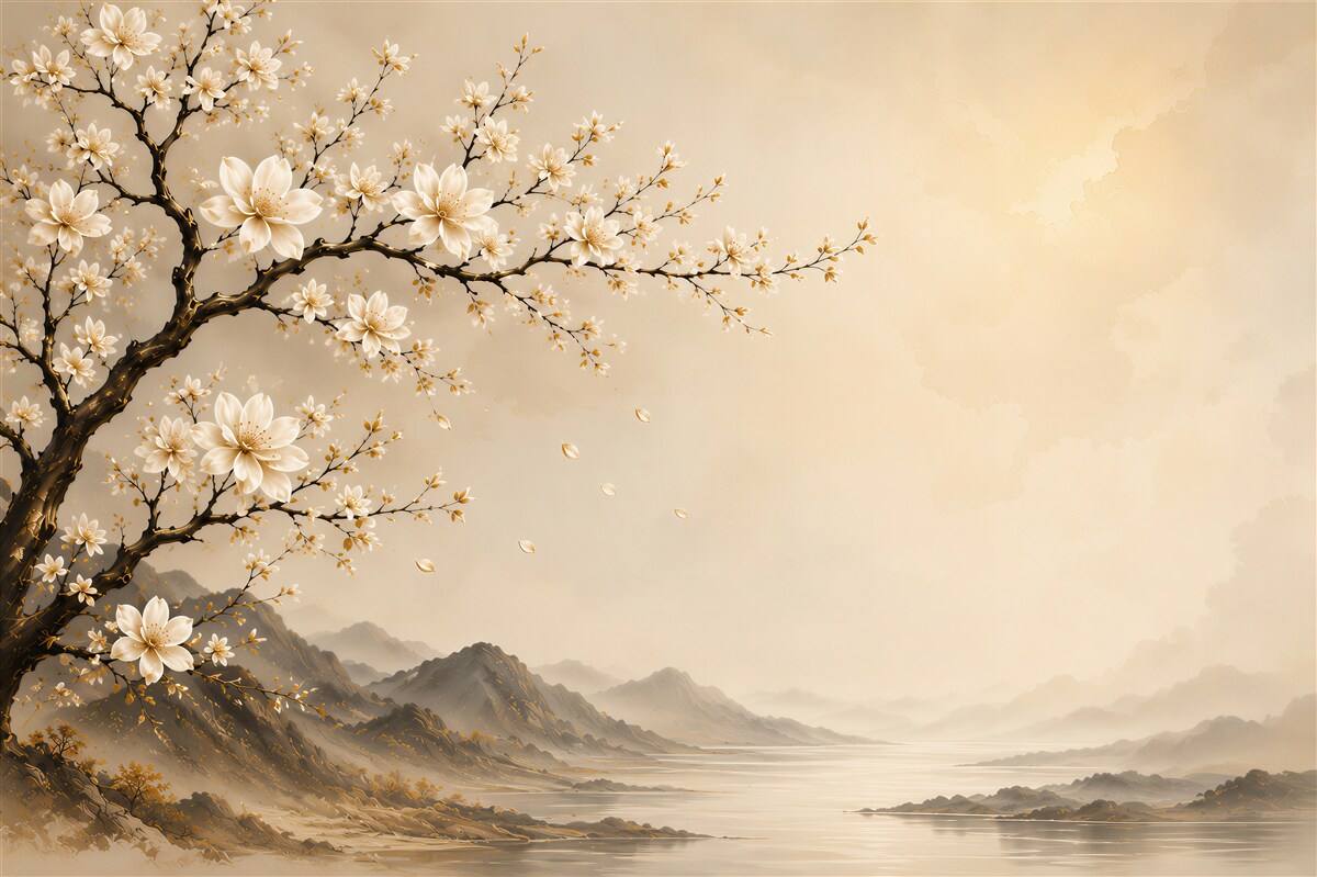 Fotobehang bloeiende magnolia met landschap