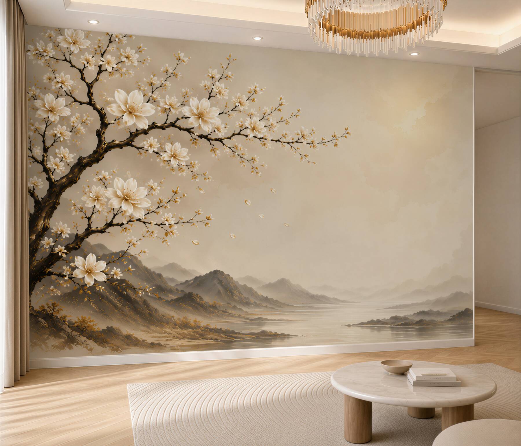 Fotobehang bloeiende magnolia met landschap