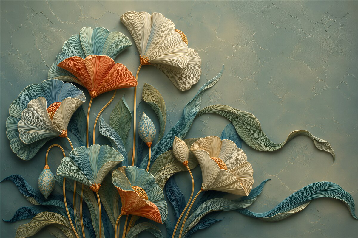 Fotobehang 3D bloemen op een groene achtergrond
