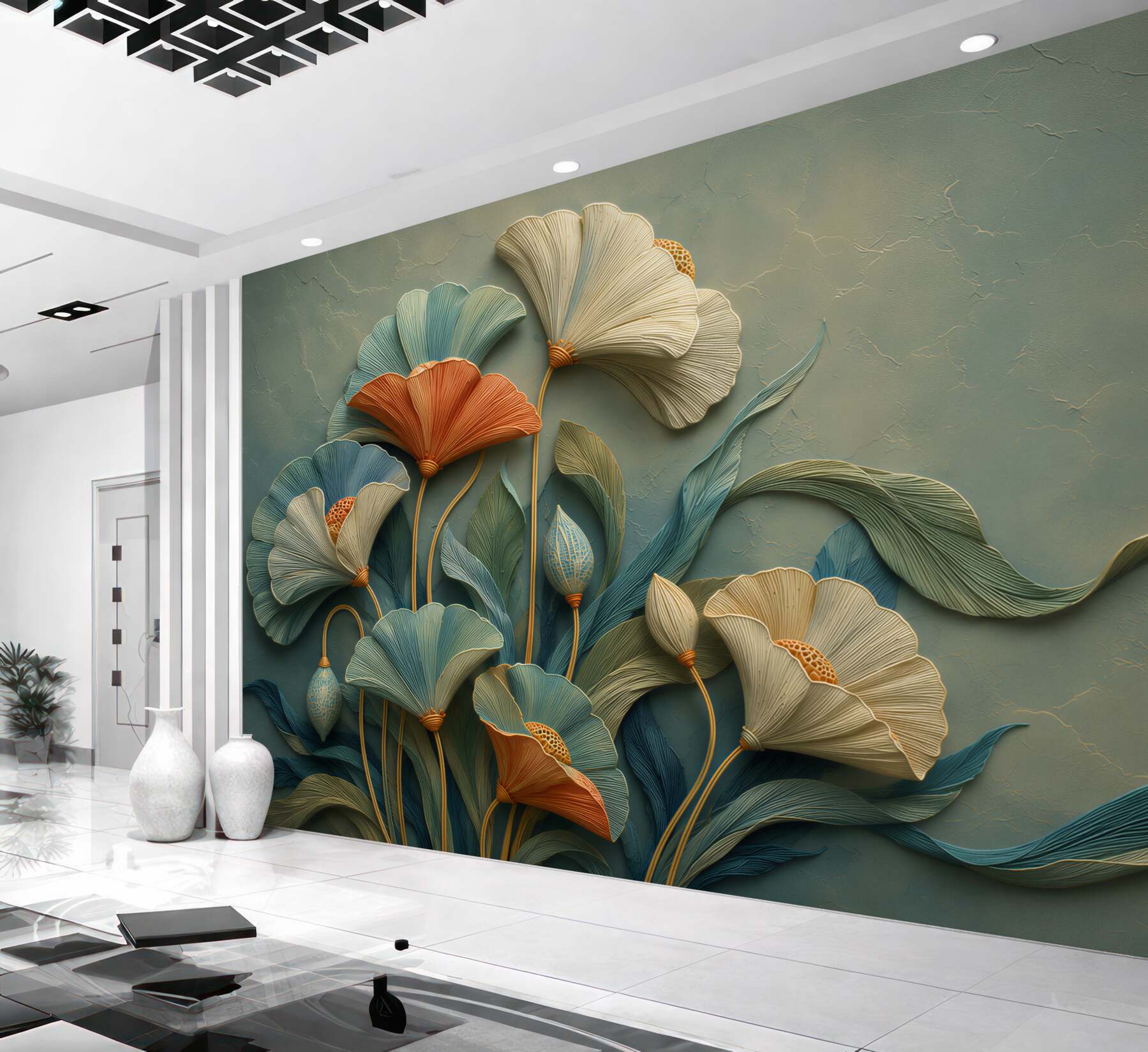 Fotobehang 3D bloemen op een groene achtergrond