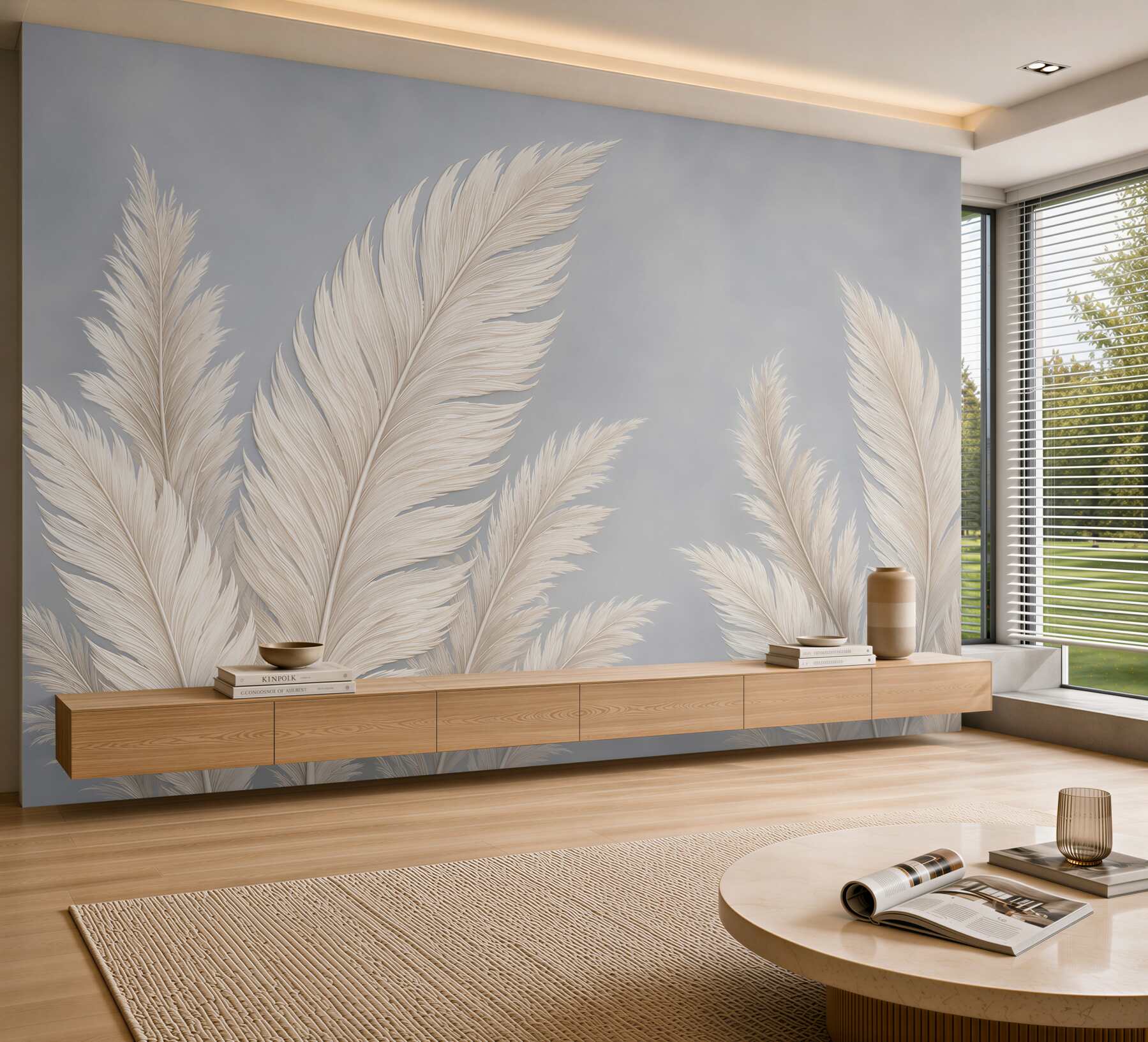 Fotobehang beige veren op een blauwe achtergrond