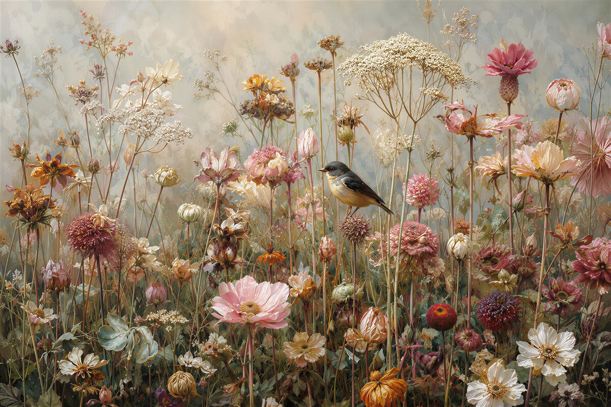 Fotobehang wilde bloemen met een vogel