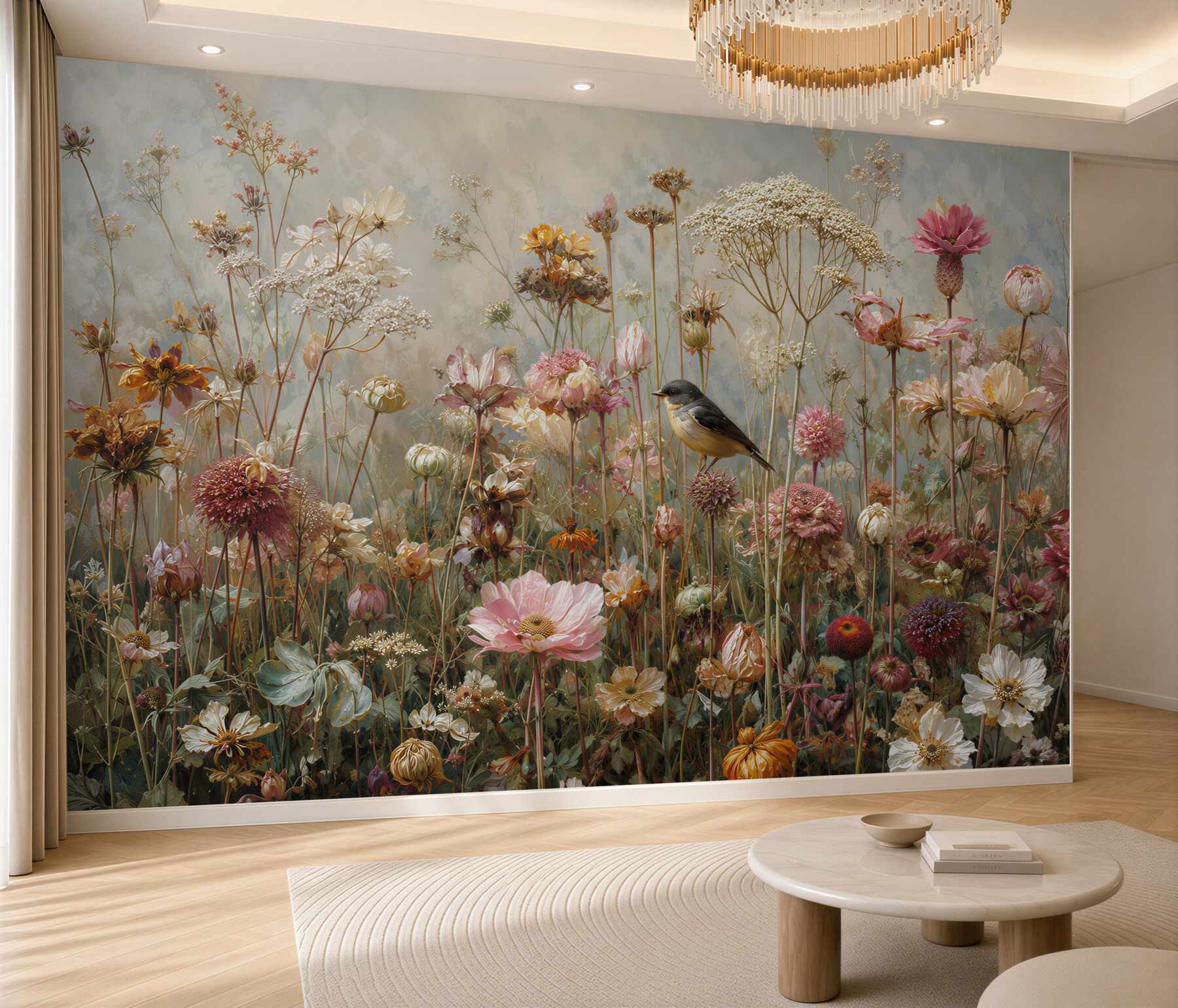 Fotobehang wilde bloemen met een vogel