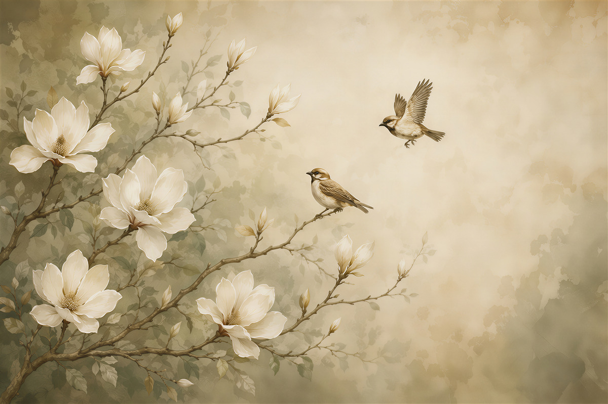 Fotobehang magnolia's en vogels