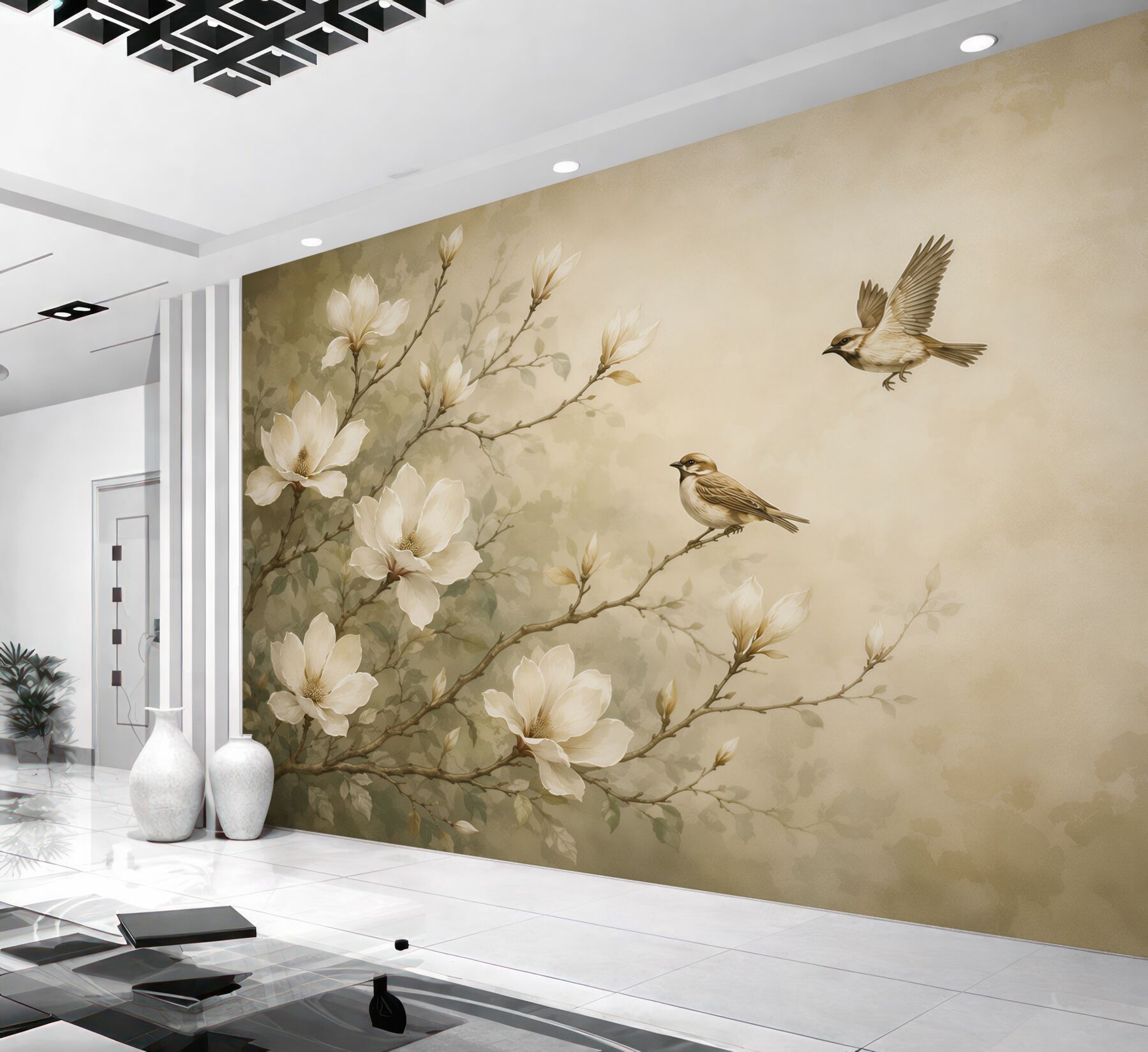 Fotobehang magnolia's en vogels