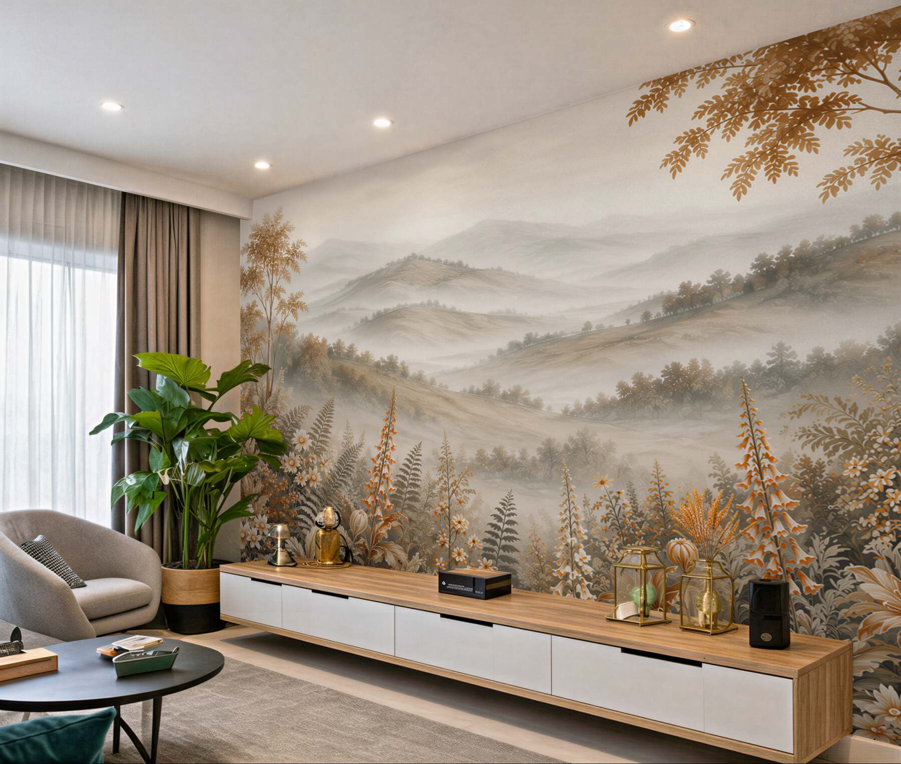 Fotobehang berglandschap met bloemen