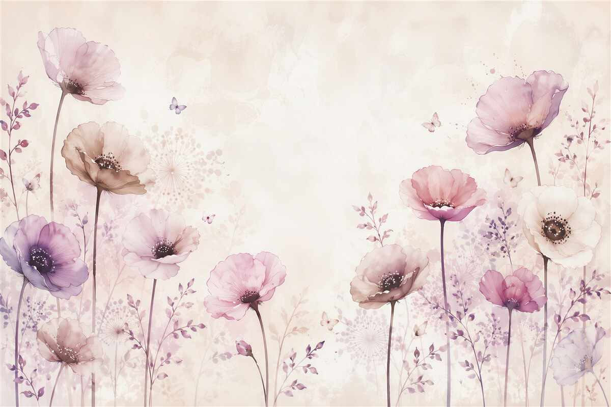 Fotobehang pastel bloemen met vlinders