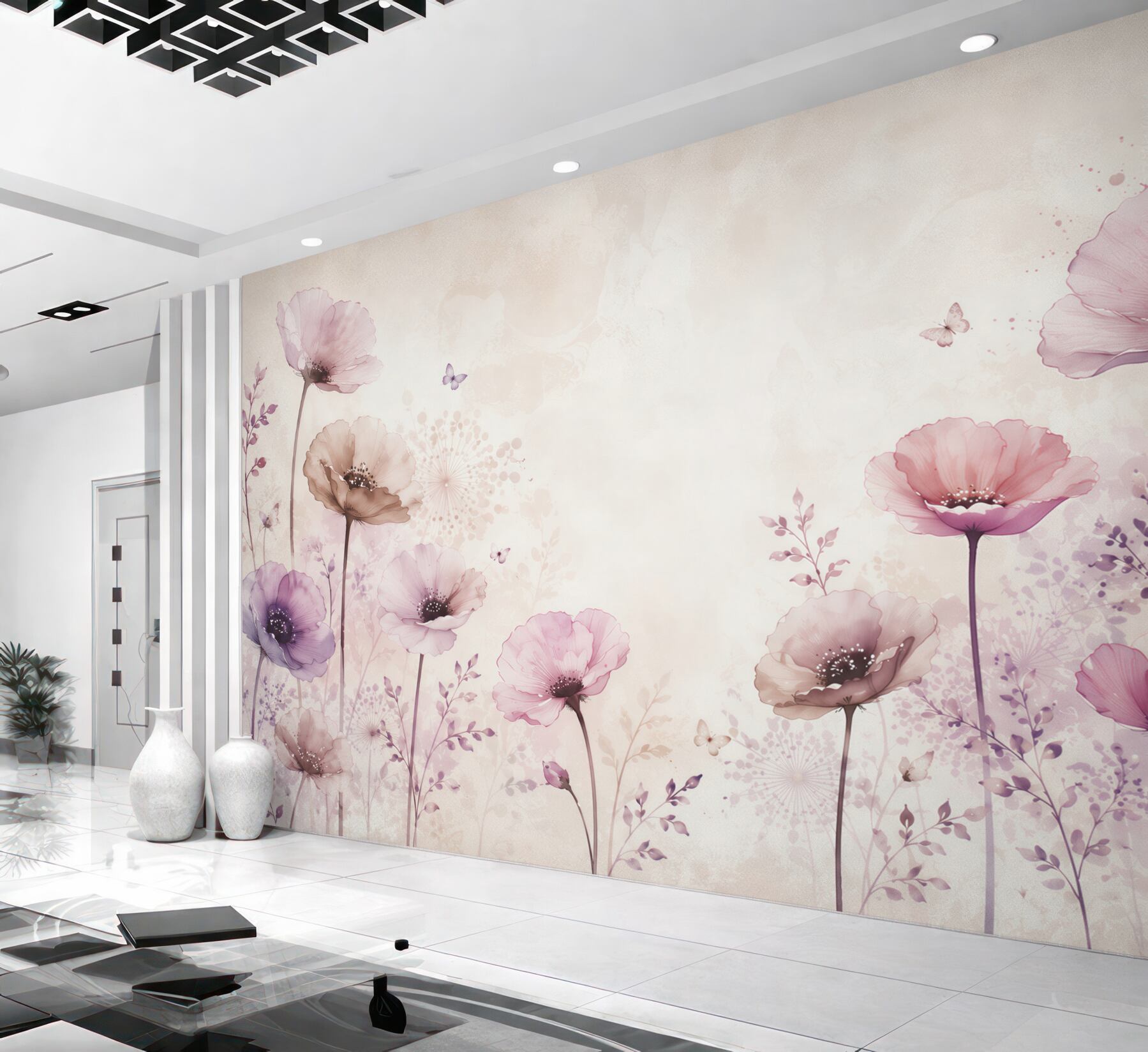 Fotobehang pastel bloemen met vlinders