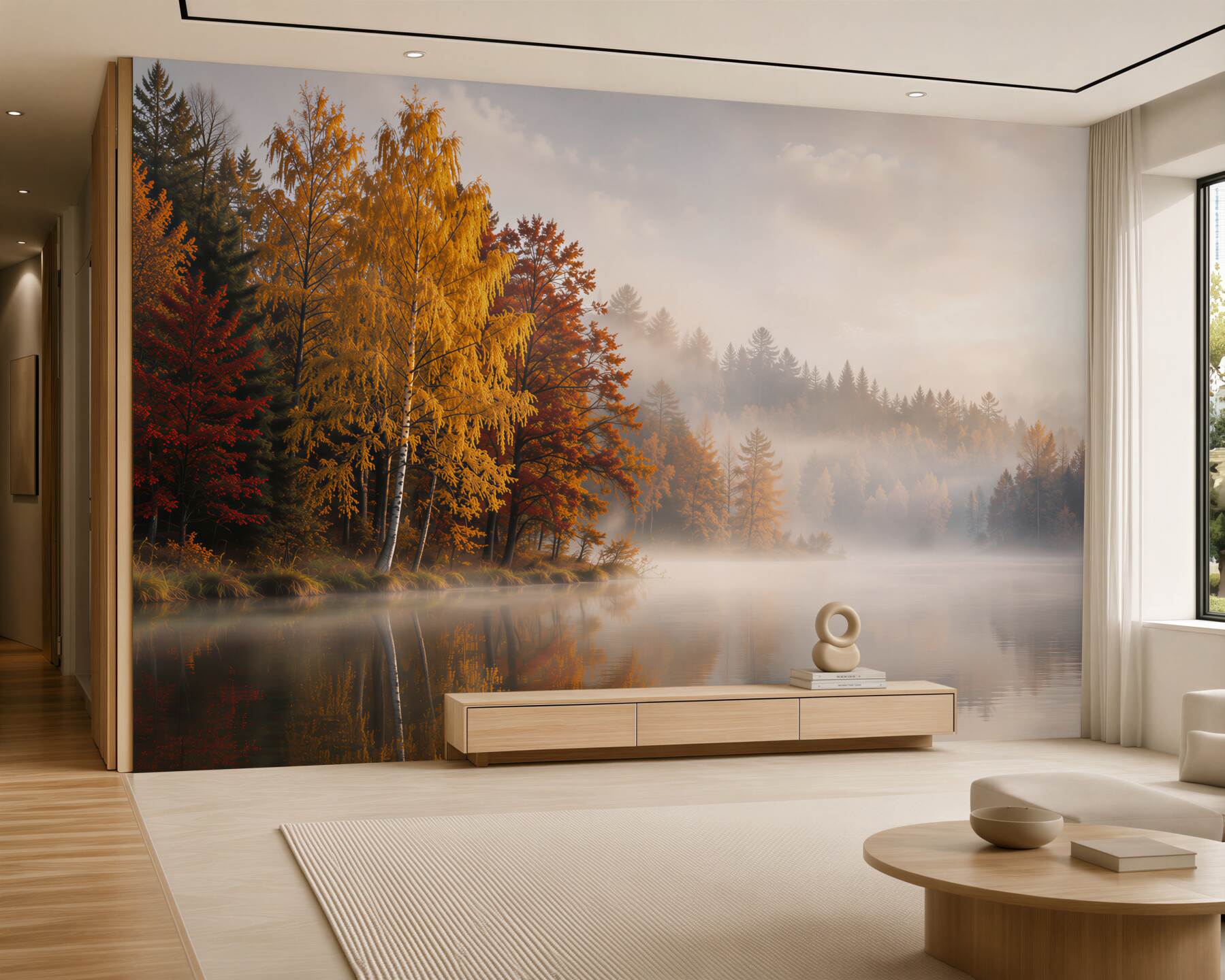 Fotobehang mistig herfstbos bij het meer