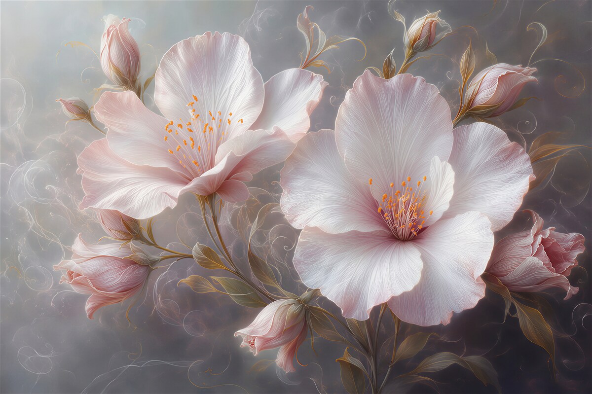 Fotobehang witte bloemen op grijze achtergrond