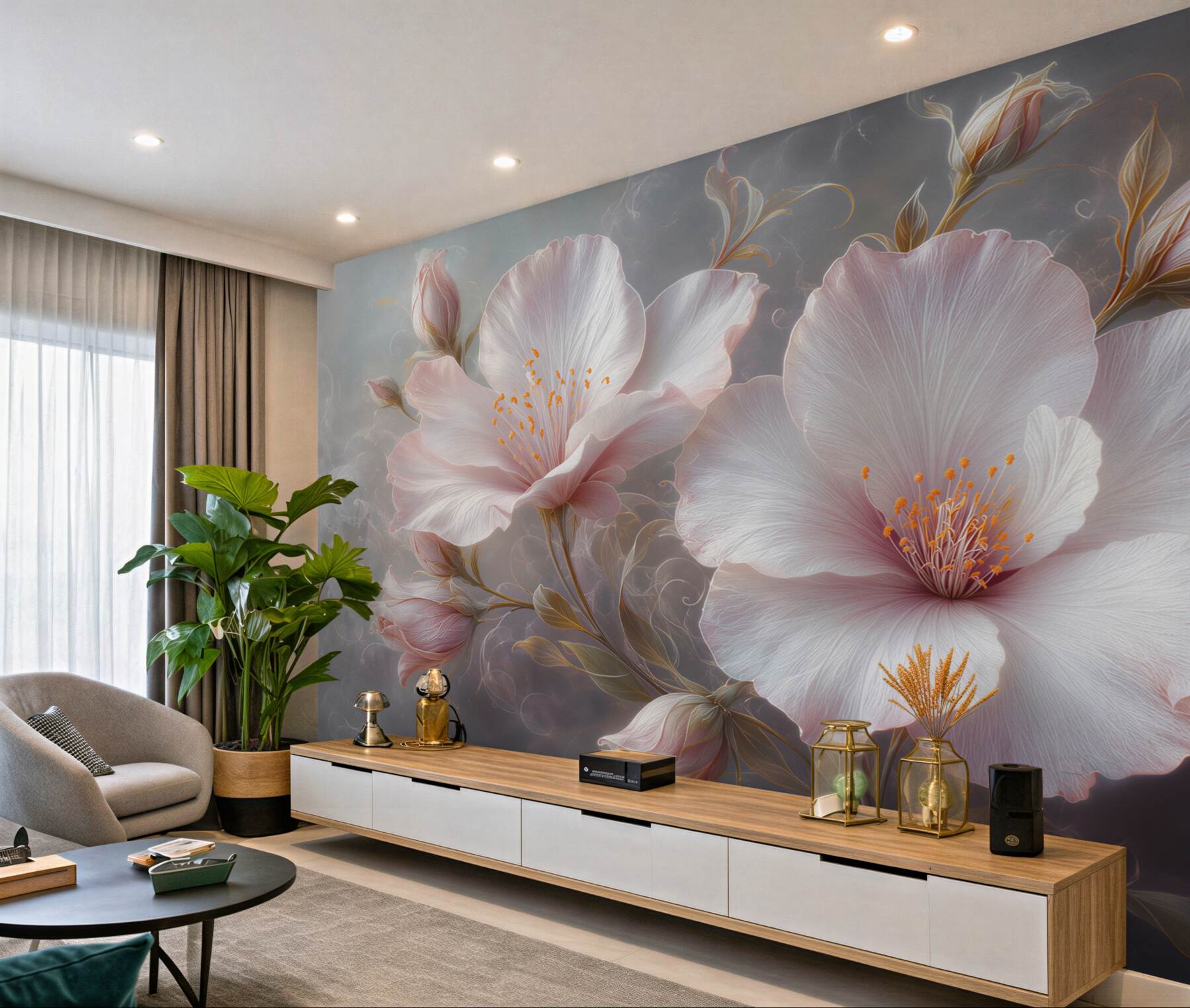 Fotobehang witte bloemen op grijze achtergrond
