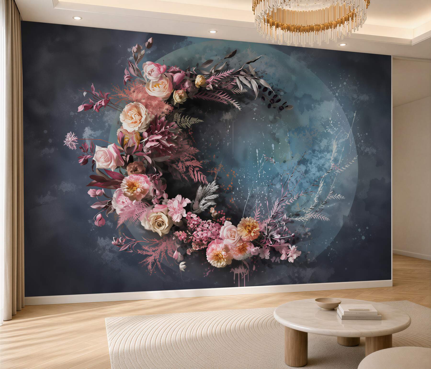 Fotobehang bloeiende cirkel op blauwe achtergrond